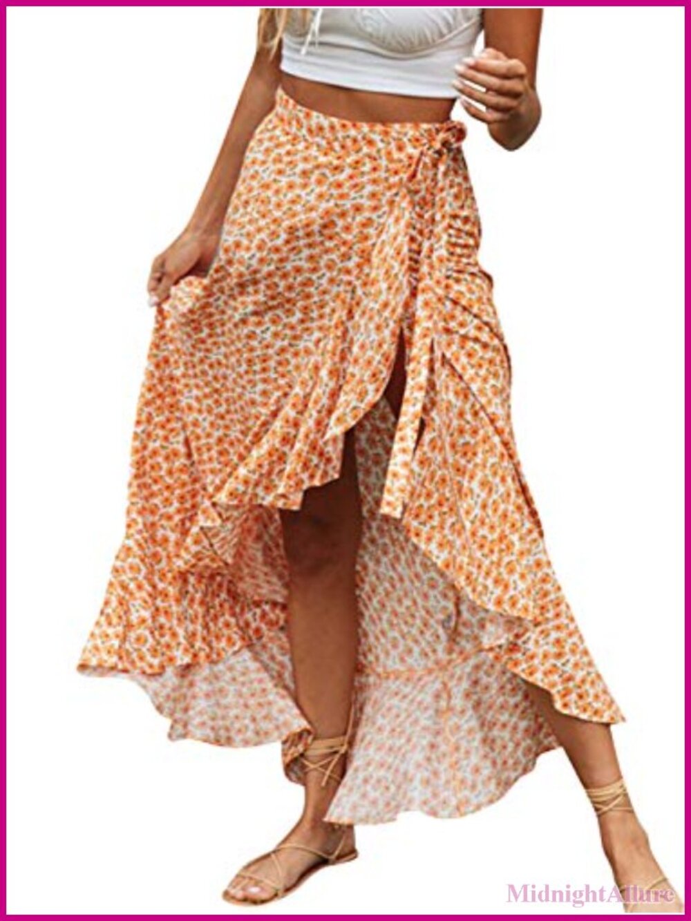 Boho Floral Wrap Maxi Skirt High Waisted Asymmetrical Ruffle with Slit